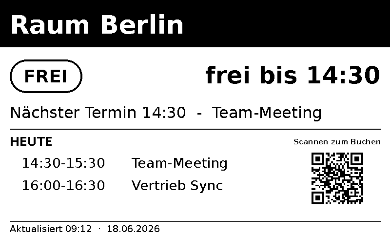 E-Ink Display: Raum Berlin frei bis 14:30, Tagesplan und QR-Code