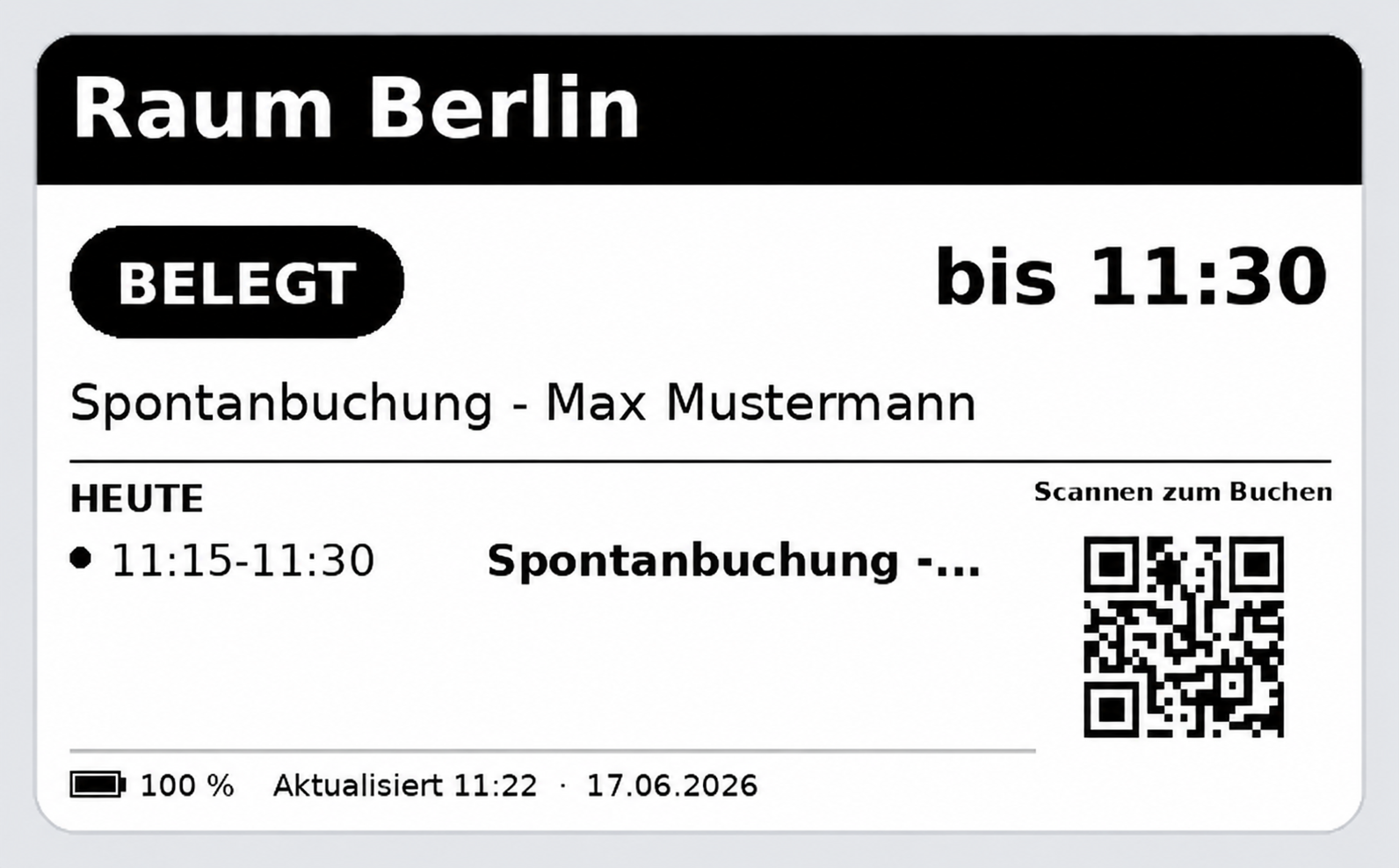 E-Ink Display zeigt Raum Berlin nach einer Ad-hoc-Buchung als belegt