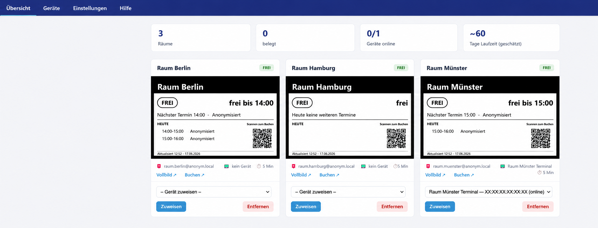 Admin-Dashboard: Übersicht aller Raum-Terminals mit Belegungsstatus