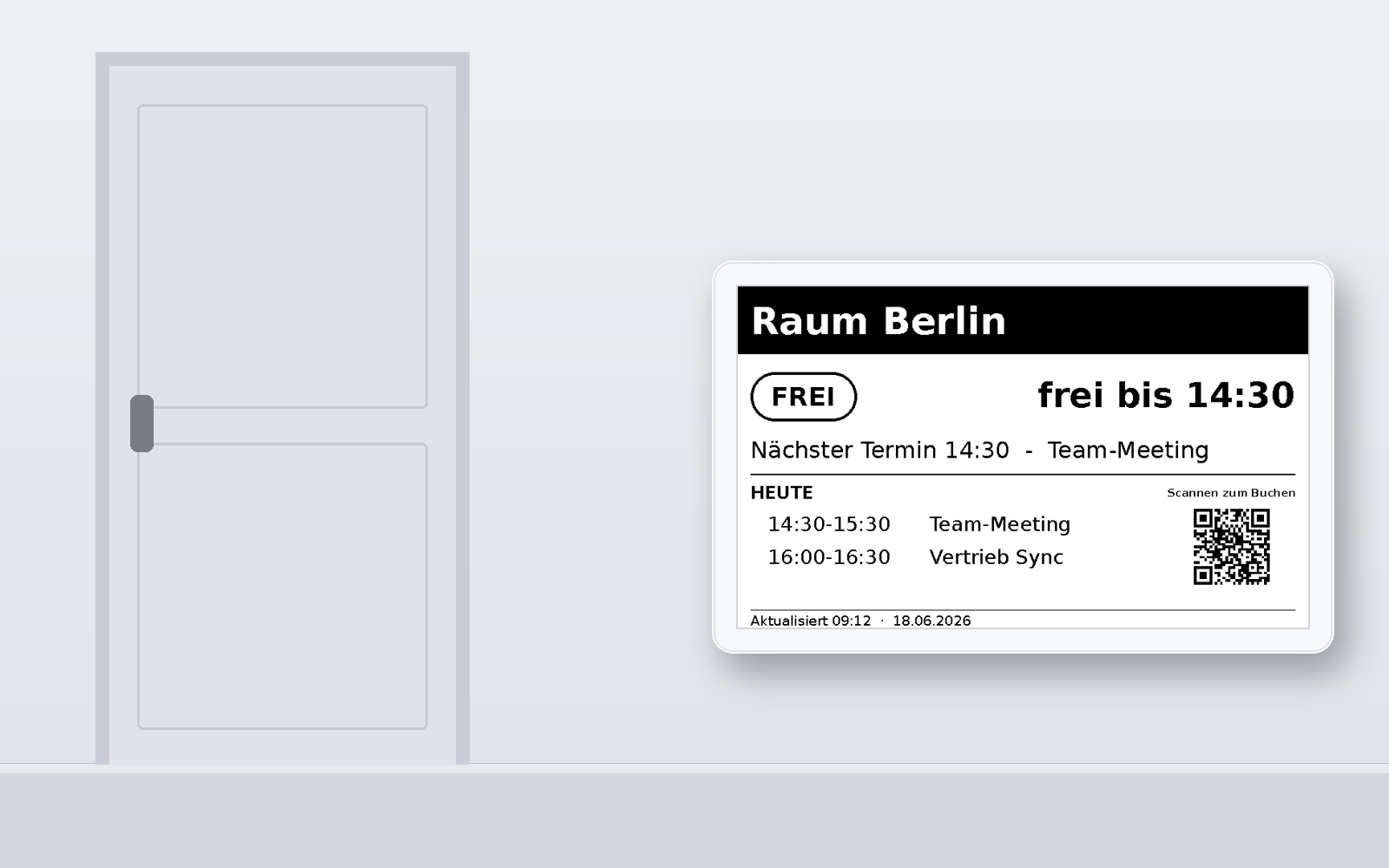 Raum-Terminal neben Bürotür: E-Ink Display zeigt Raum Berlin als frei